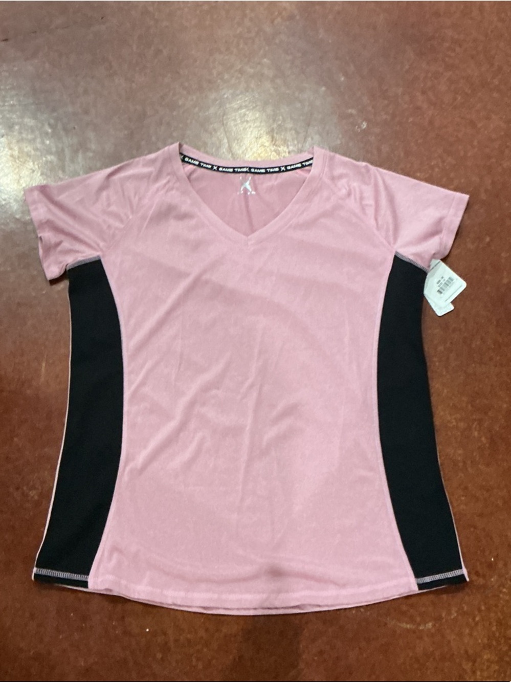 Game Time Women's Pink V-Neck Tee with Black Side Panels